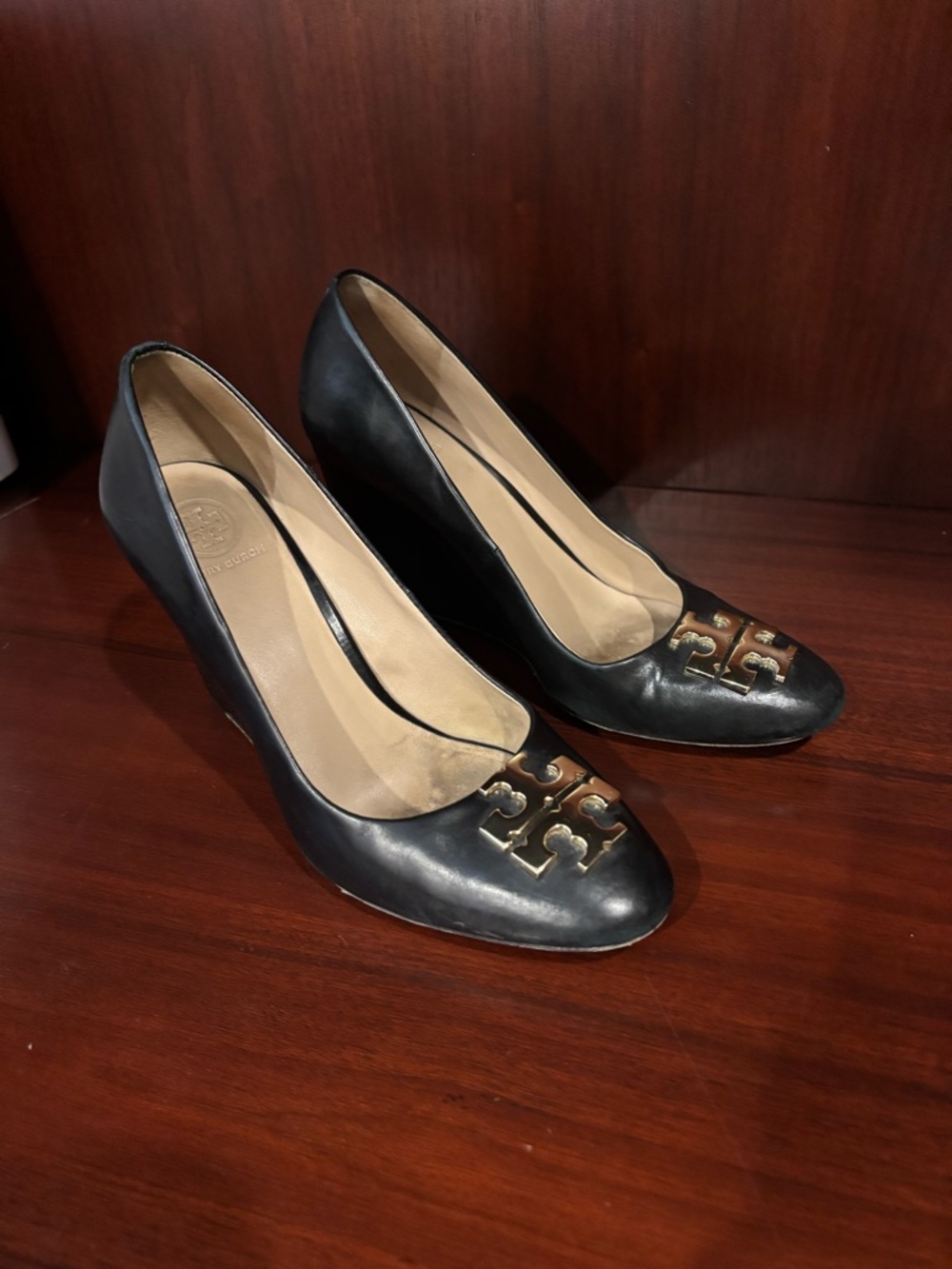 Tory Burch Black Leather Logo Wedge Pumps